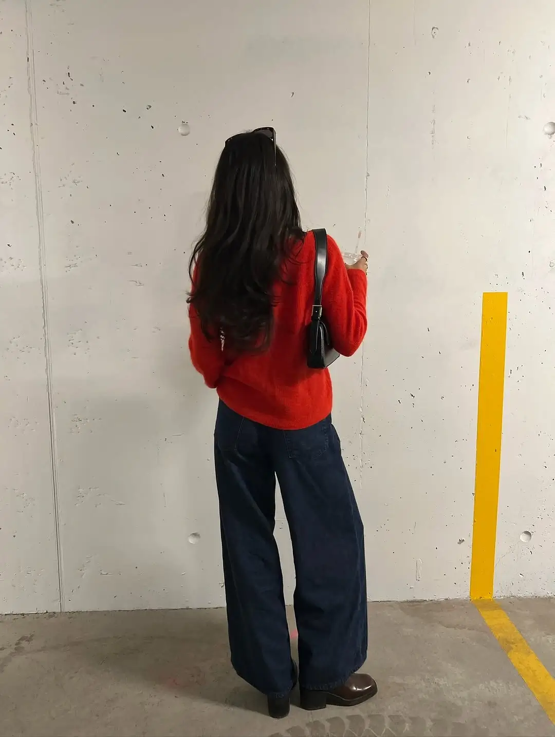 simple fall outfits 2026 Rich Red Knit With Dark Wide-Leg Denim