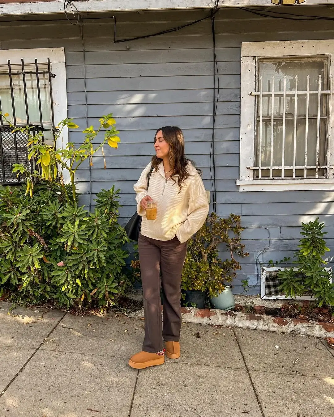 simple fall outfits 2026 Cozy Half-Zip Knit With Relaxed Brown Pants