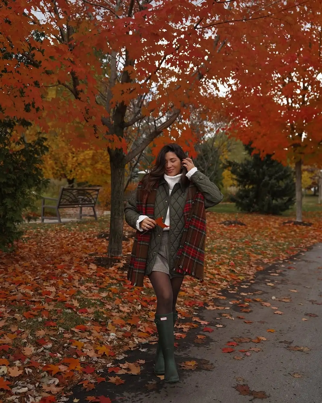 simple fall outfits 2026 Classic Plaid Scarf With Quilted Jacket Layers