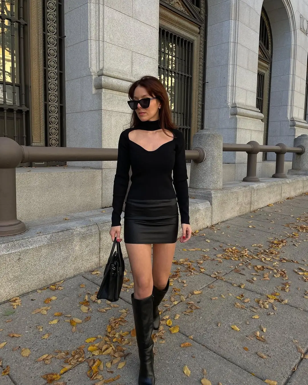 simple fall outfits 2026 Chunky Cardigan and Leather Mini With Everyday Boots