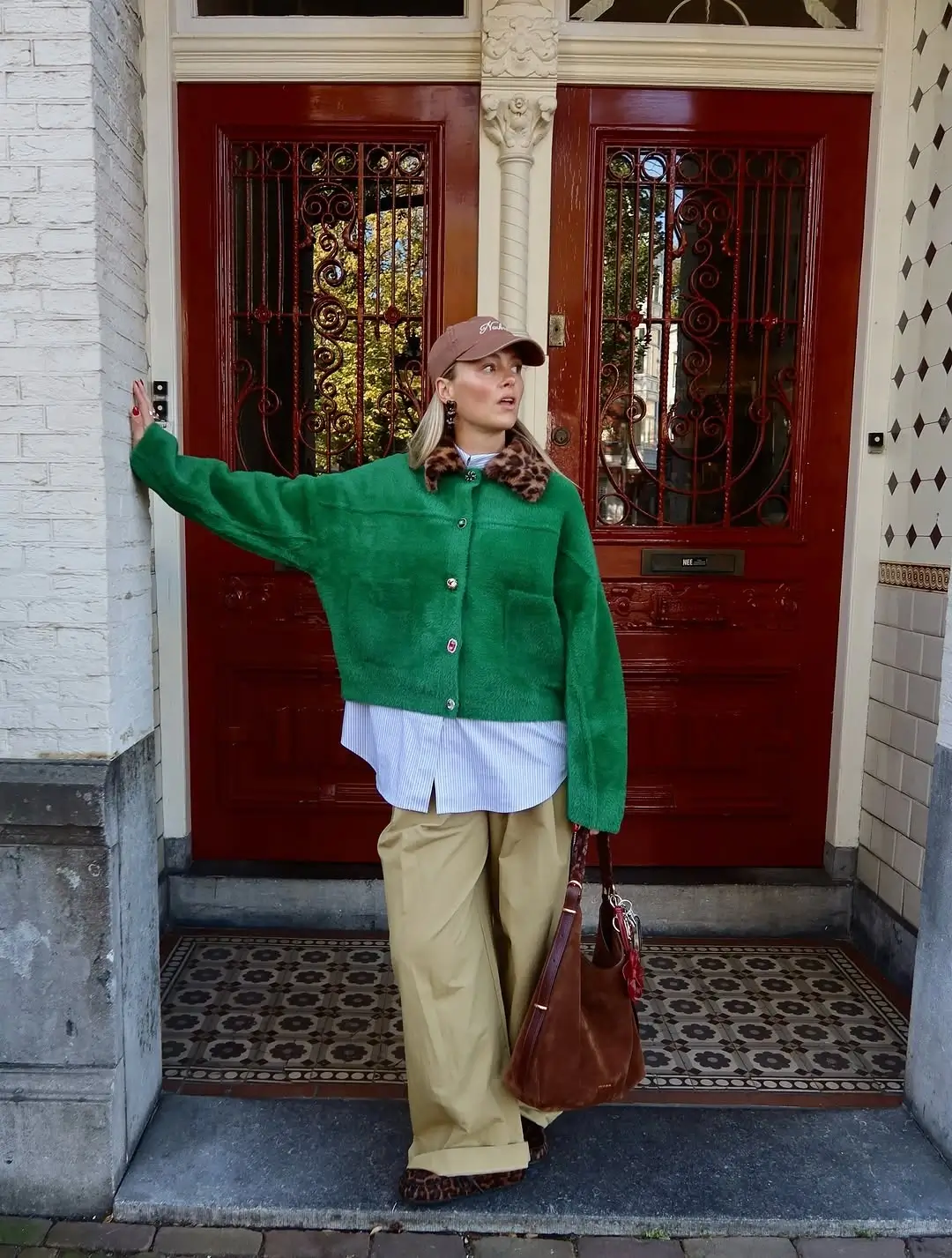 simple fall outfits 2026 Bold Green Cardigan With Relaxed Tailored Trousers
