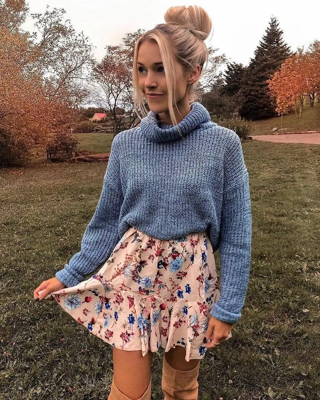 simple fall outfits 2026 Cozy Sweater and Floral Skirt for Crisp Autumn Days