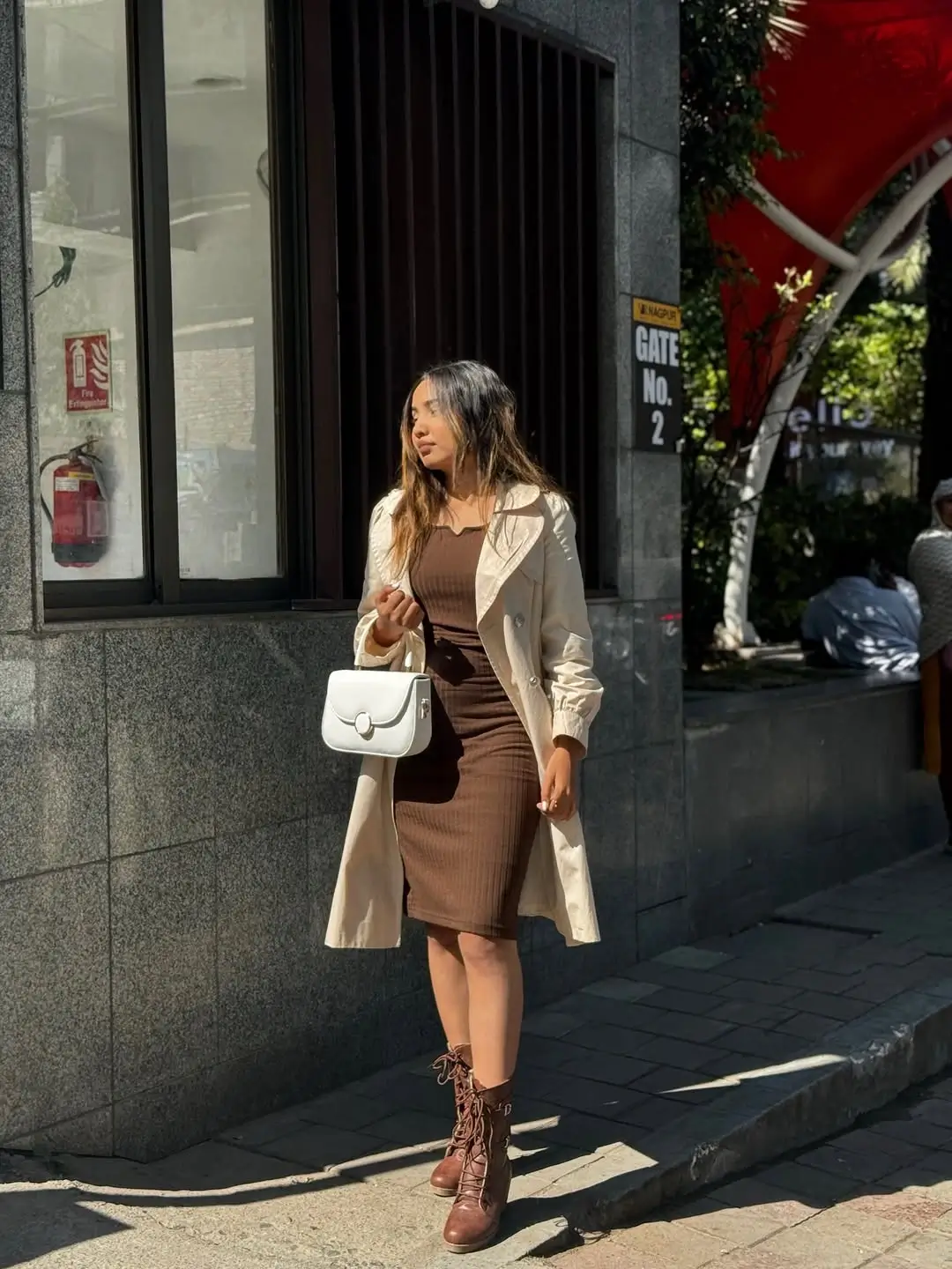 Trench coat fall outfits 2026 Soft Brown Dress Styled With a Lightweight Trench