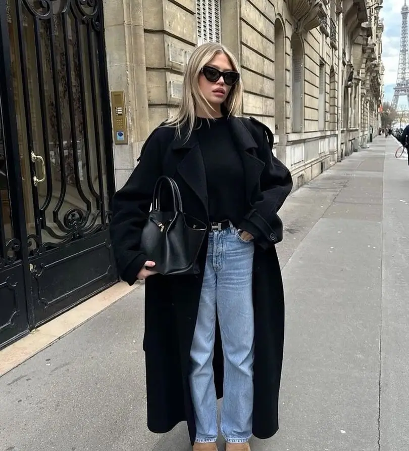Trench coat fall outfits 2026 Black Long Coat With Light Denim for Effortless Contrast