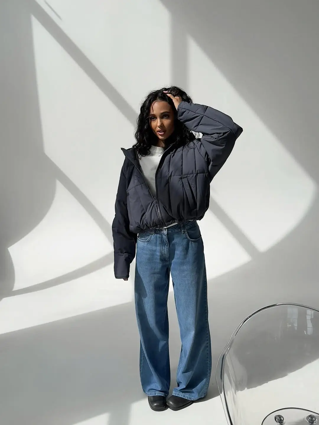 wide leg jeans outfit fall 2026 Puffer Jackets That Balance Relaxed Denim Perfectly
