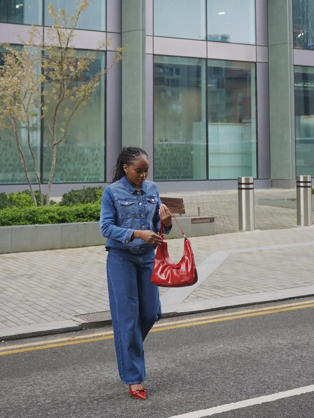 wide leg jeans outfit fall 2026 A Modern Canadian Tuxedo With a Pop of Red