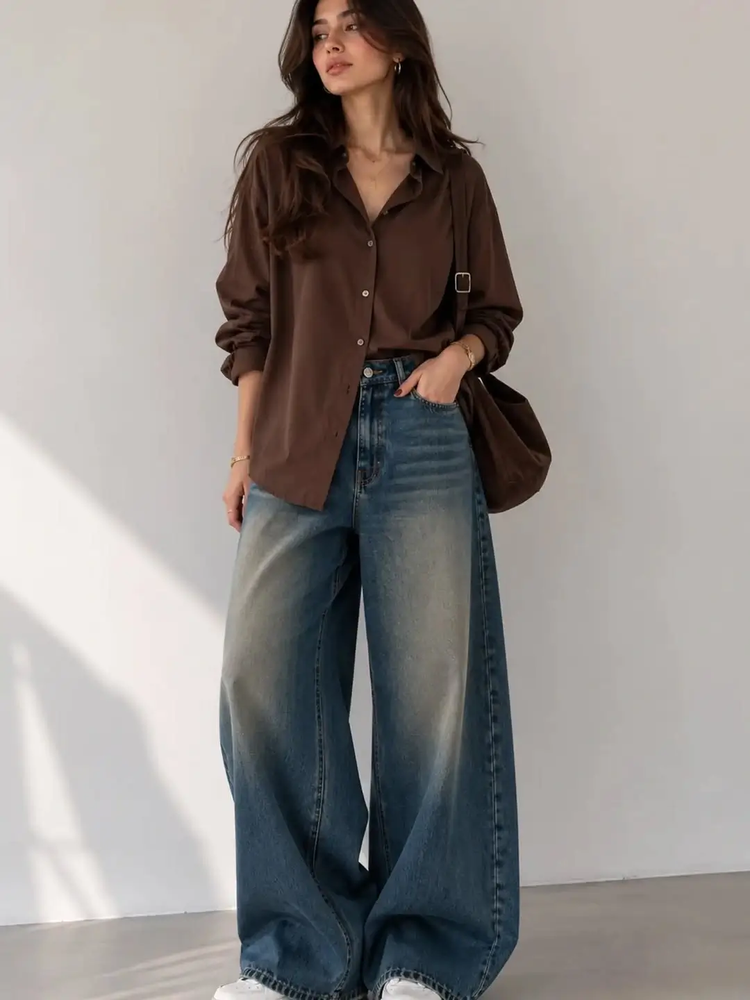 wide leg jeans outfit fall 2026 Chocolate Brown and Oversized Denim for Everyday Style
