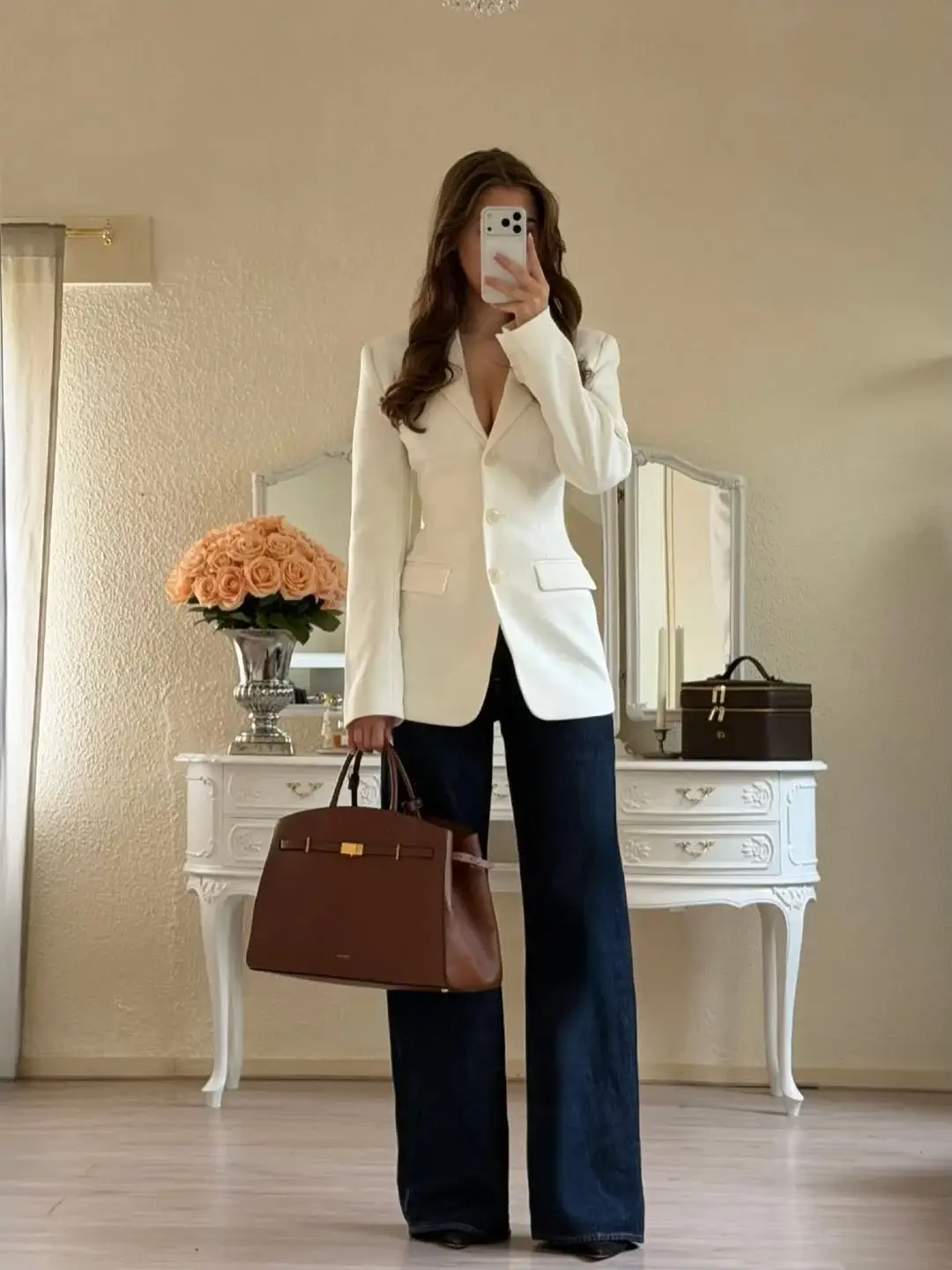 wide leg jeans outfit fall 2026 Dark Denim and a White Blazer That Never Go Out of Style