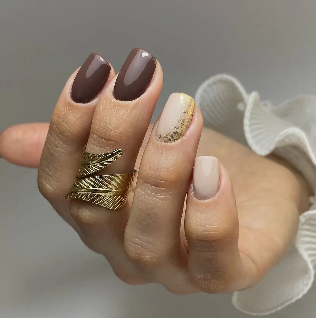 autumn nails color Chocolate Brown with Champagne Gold Details
