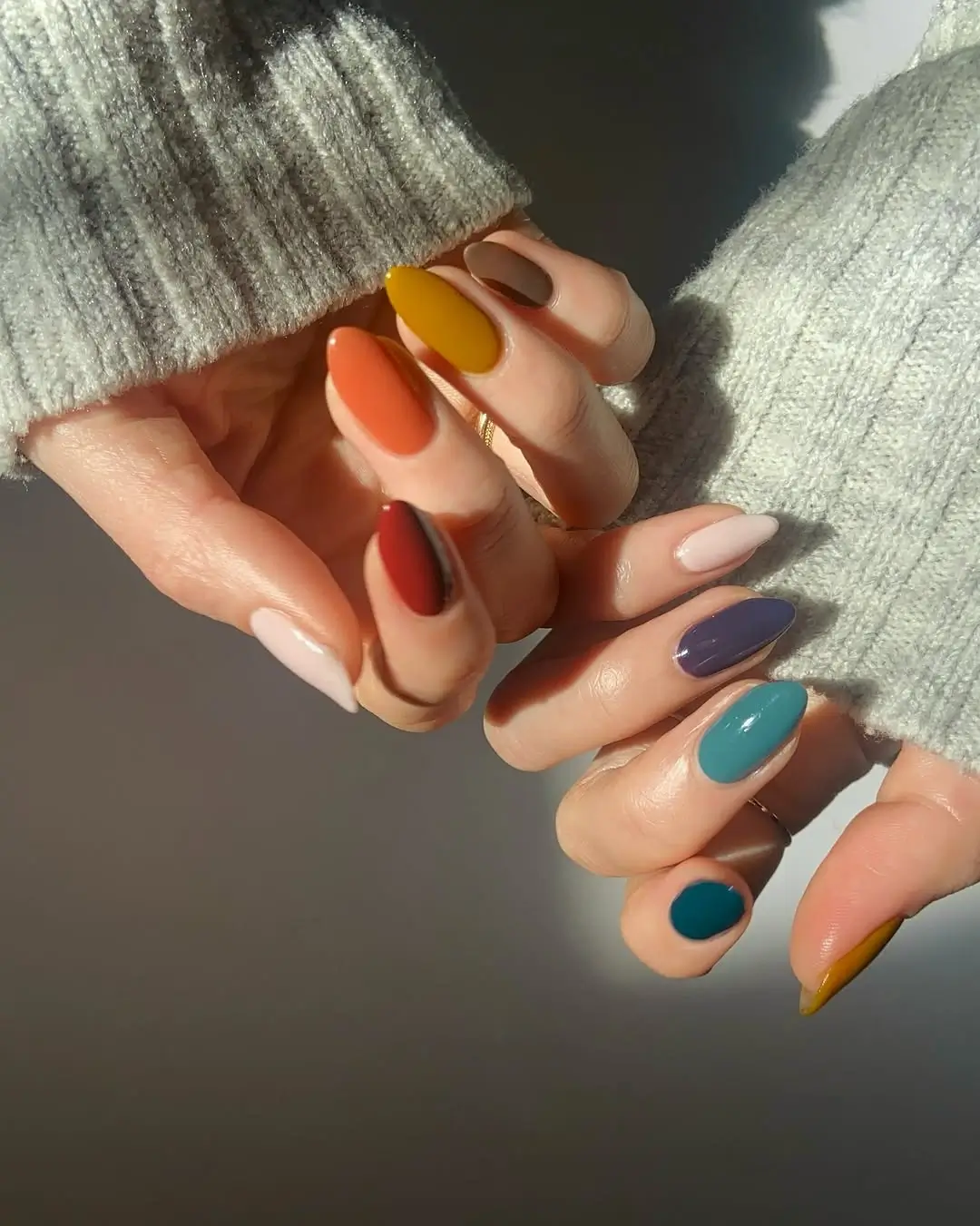 autumn nails color Colorful Autumn Mix with Orange Mustard Plum and Teal