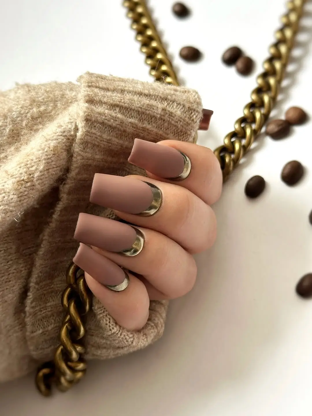 autumn nails color Soft Taupe Nails with Gold Cuticle Details