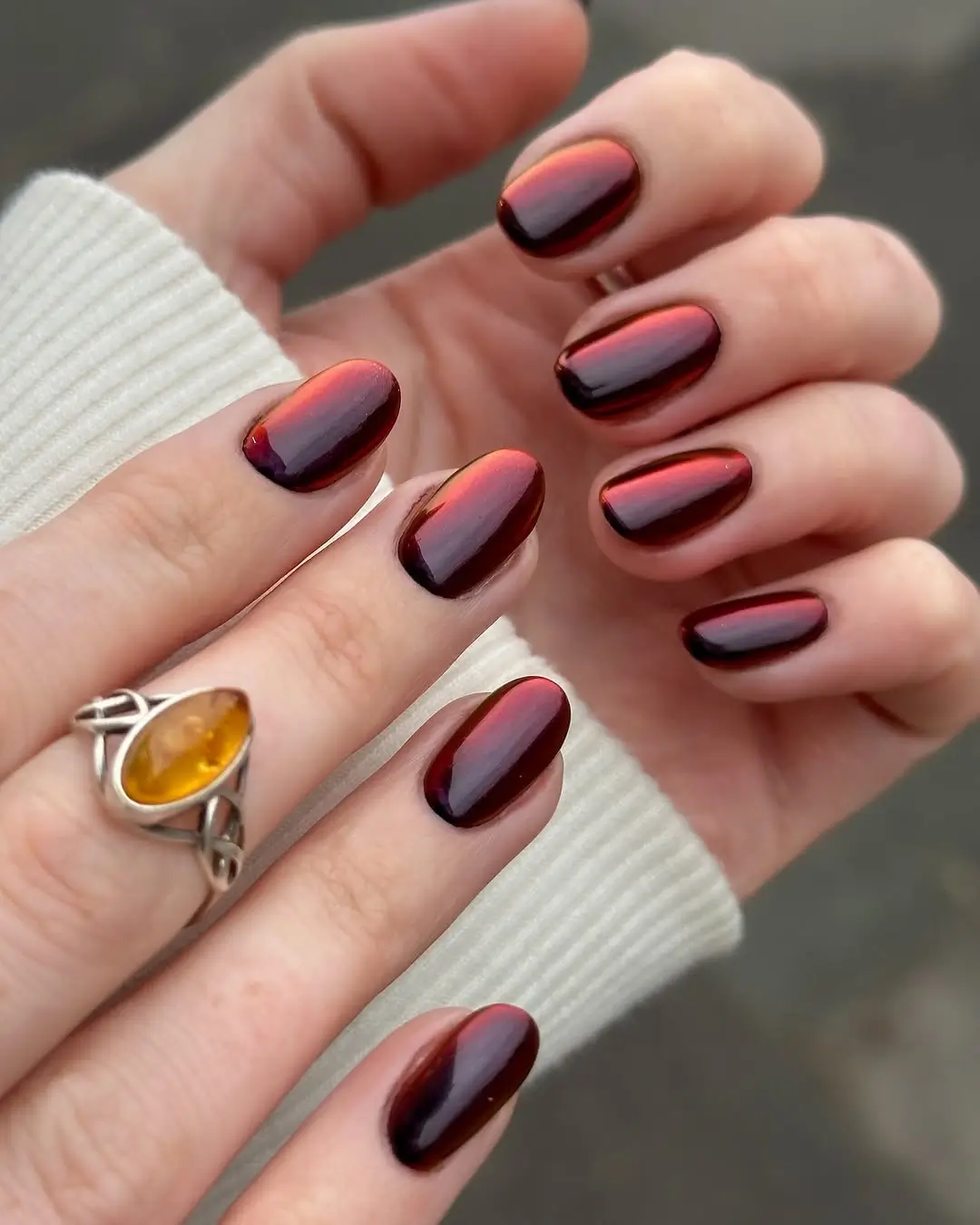 autumn nails color Cherry Burgundy Chrome for a Dramatic Fall Mood
