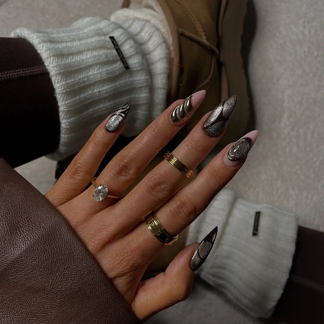 Brown Fall Nails 2026 Gunmetal Chrome Brown Nails with Sculptural Metallic Details