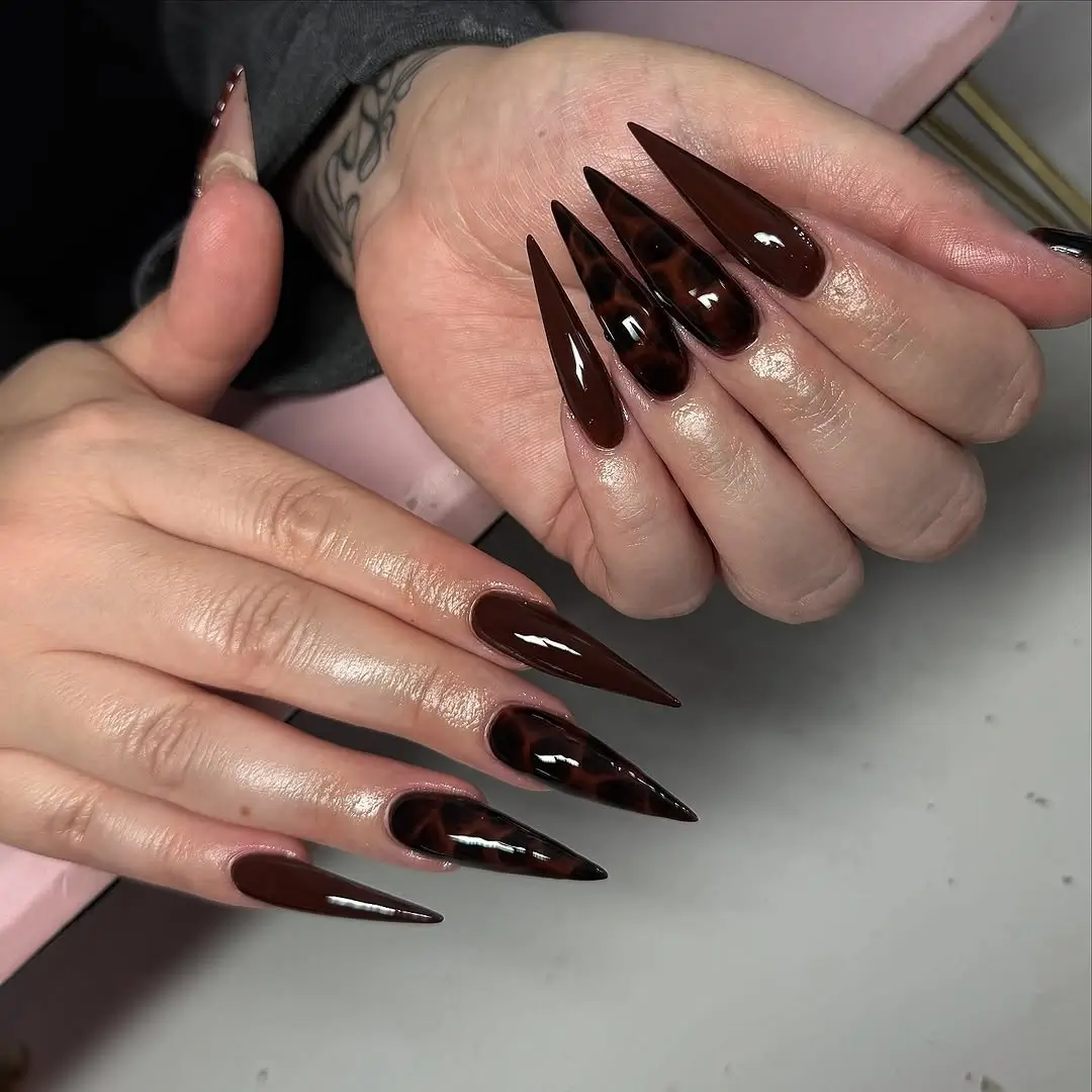 Brown Fall Nails 2026 Dark Chocolate Stiletto Nails with Tortoiseshell Accents