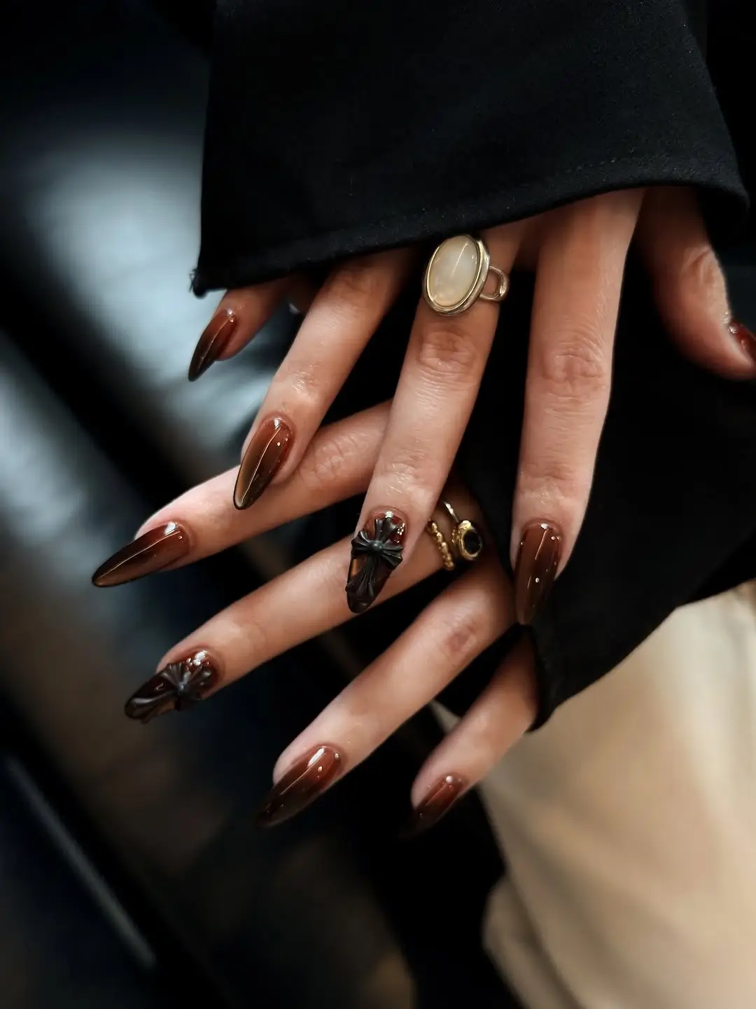 Brown Fall Nails 2026 Elegant Espresso Nails with Sculpted Bow Accents