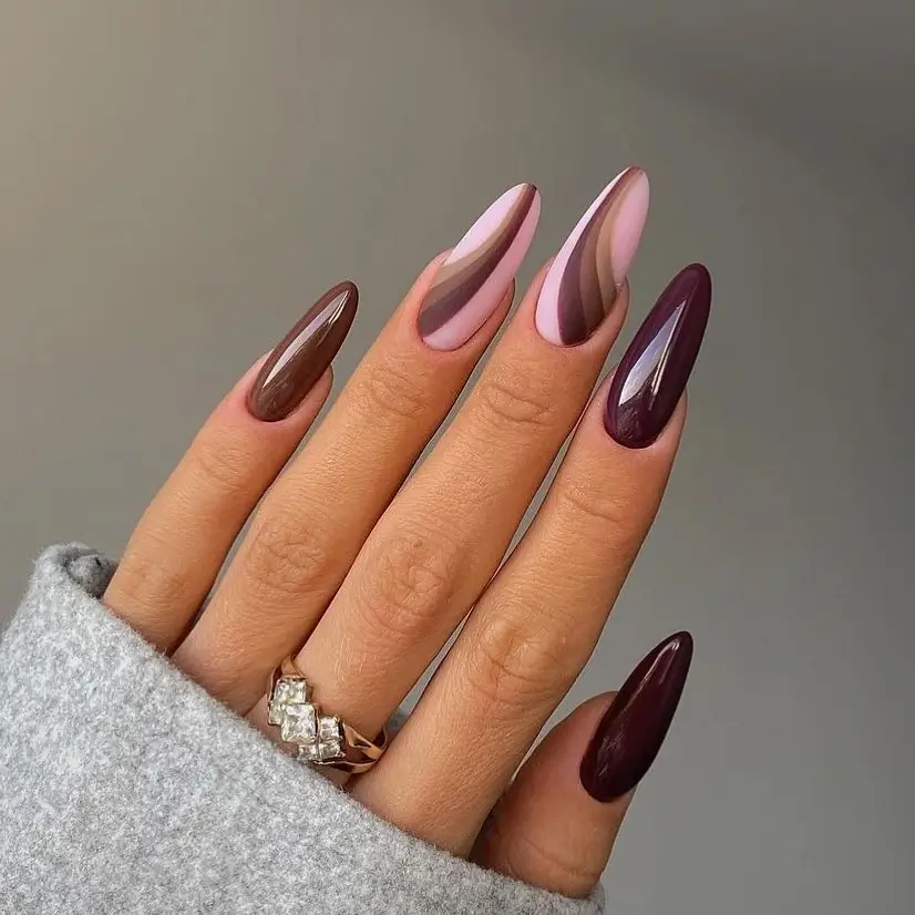 Brown Fall Nails 2026 Abstract Chocolate Swirls with Rich Berry Accents