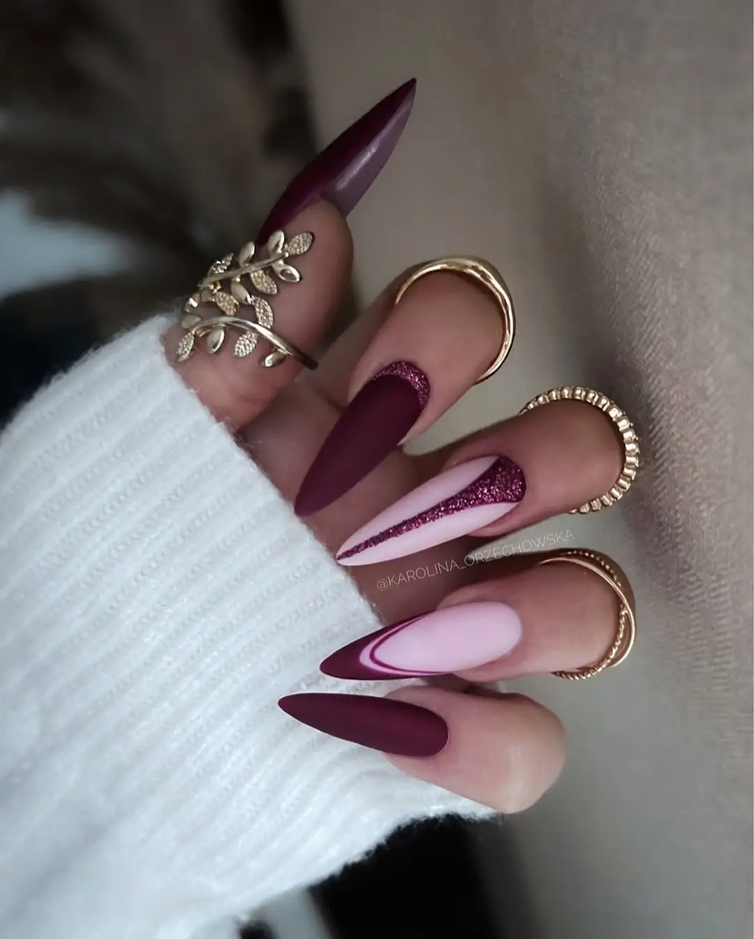 Dark fall nails 2026 Matte Wine Almond Nails With Elegant Graphic Details