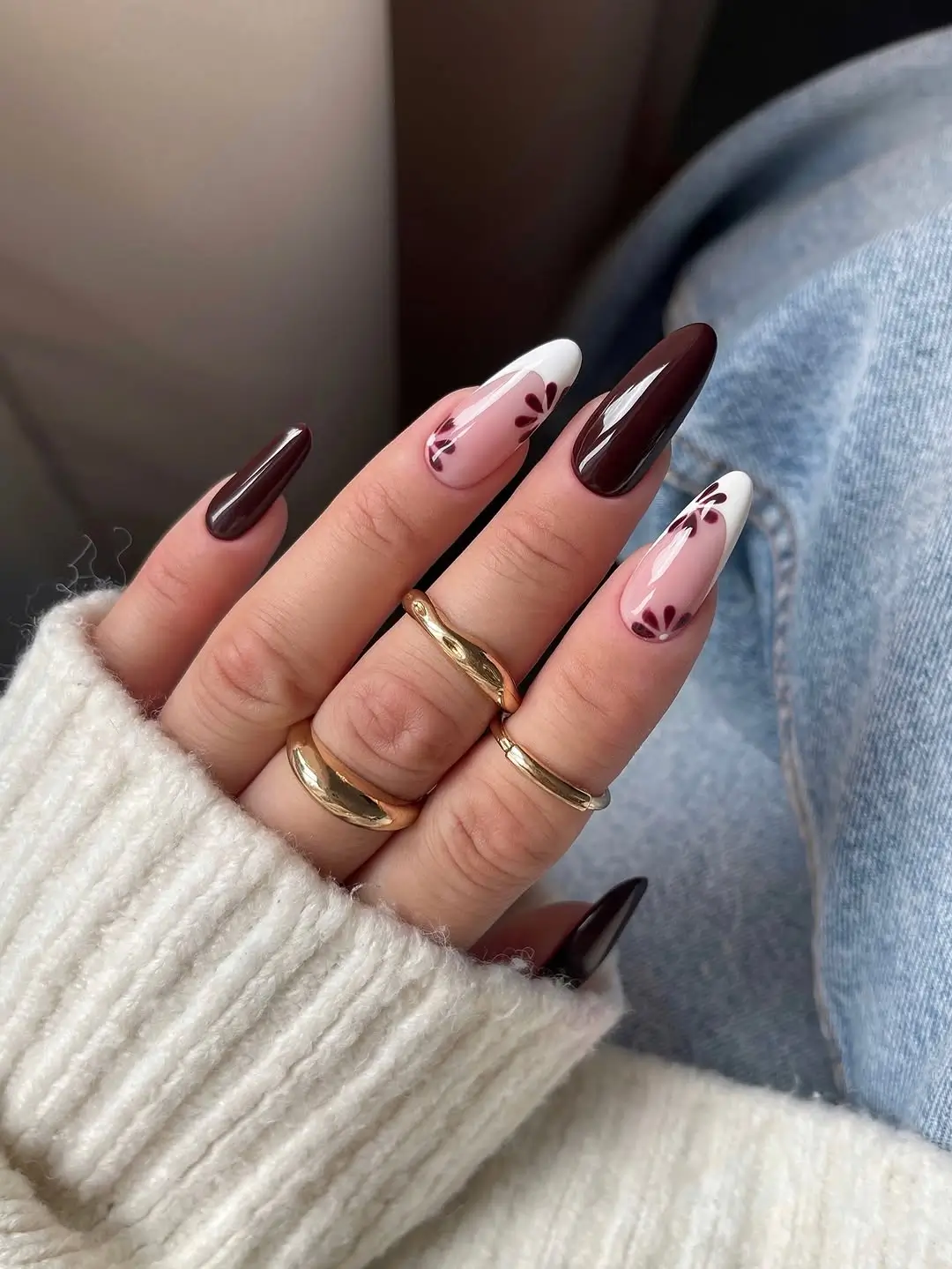 Dark fall nails 2026 Burgundy Floral French Almond Nails With Romantic Details