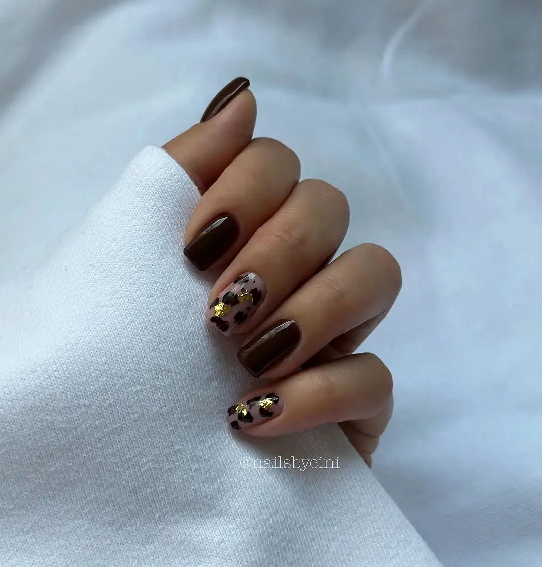 Dark fall nails 2026 Glossy Espresso Short Nails With Gold Foil Leopard Accents