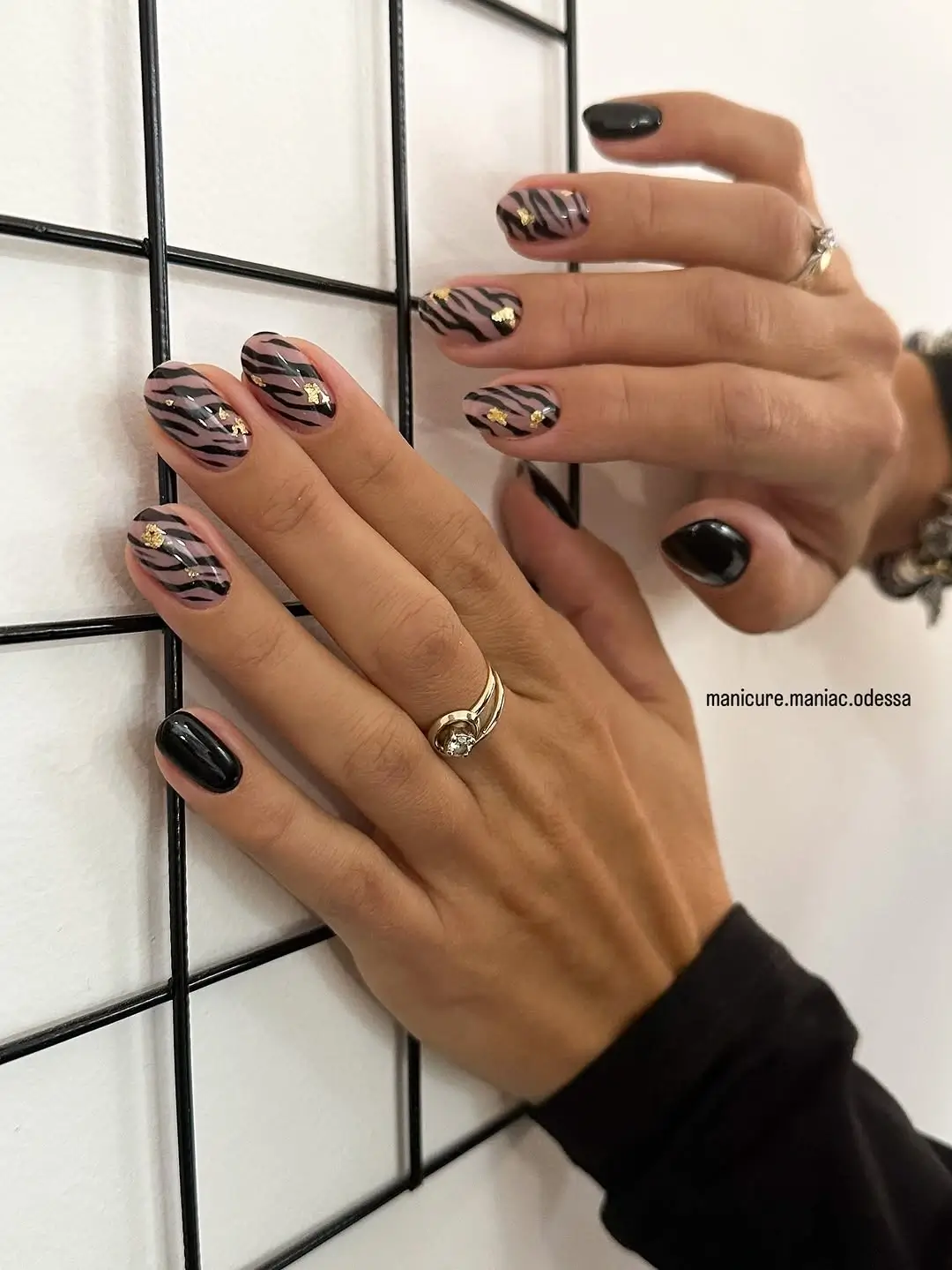 Dark fall nails 2026 Modern Zebra Accent Nails With Gold Foil Details