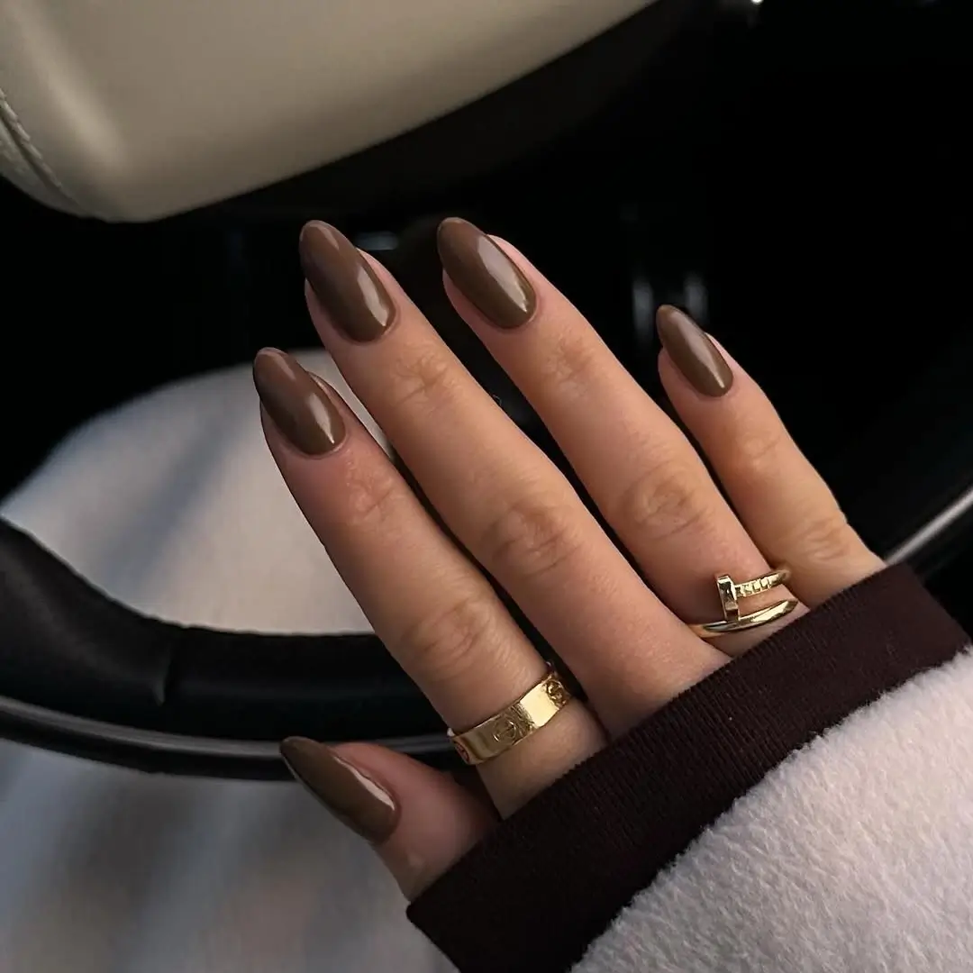 Dark fall nails 2026 Glossy Mocha Almond Nails That Pair With Every Cozy Outfit