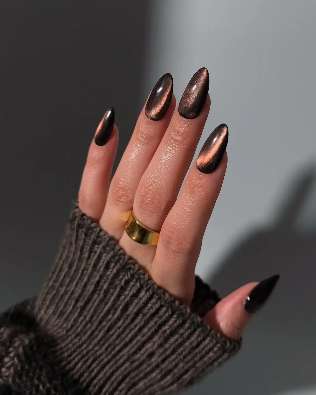 Dark fall nails 2026 Bronze Velvet Cat Eye Nails With a Metallic Glow