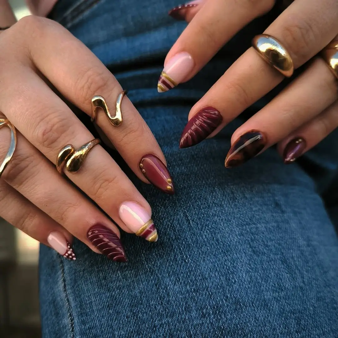 Early Fall Nails 2026 Rich Burgundy Nail Art With Golden Details