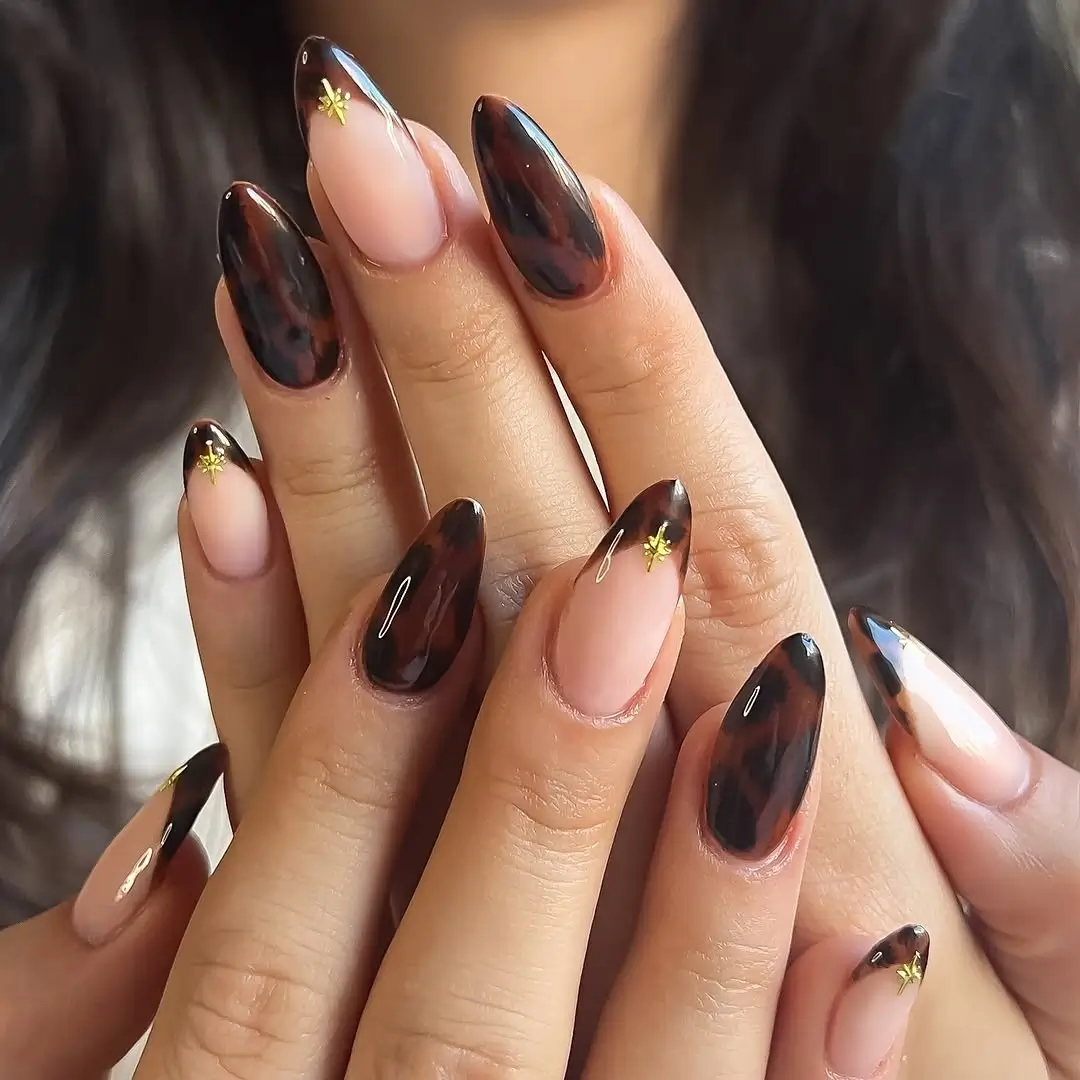 Early Fall Nails 2026 Tortoiseshell French Almond Nails With Golden Star Accents