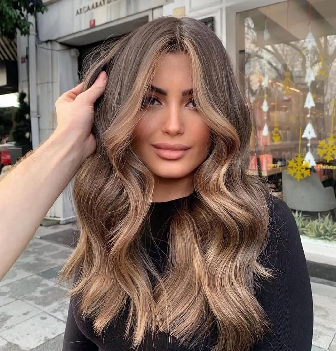 Fall brown hair colour ideas 2026 Smoky Beige Brunette With Bright Money Piece
