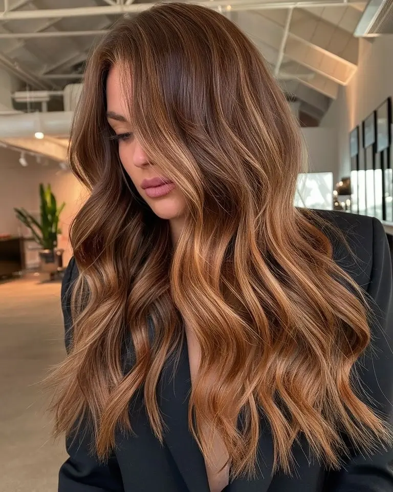 Fall brown hair colour ideas 2026 Honey Brown Waves With Seamless Dimension