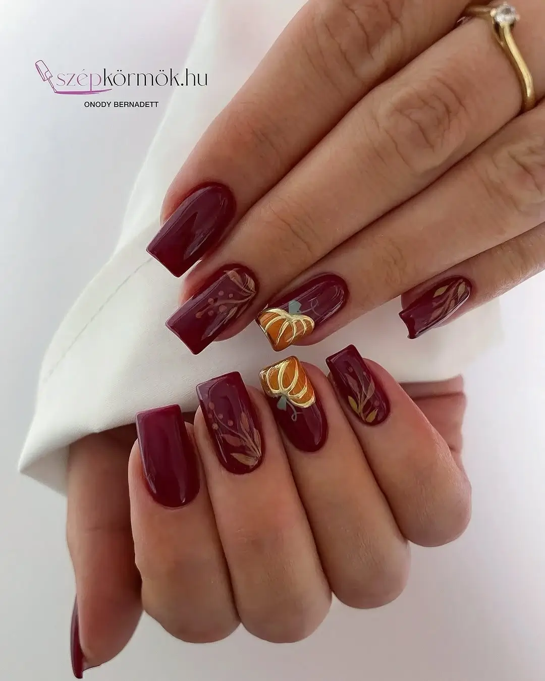 fall burgundy nails with design Burgundy square nails with autumn pumpkin and leaf art
