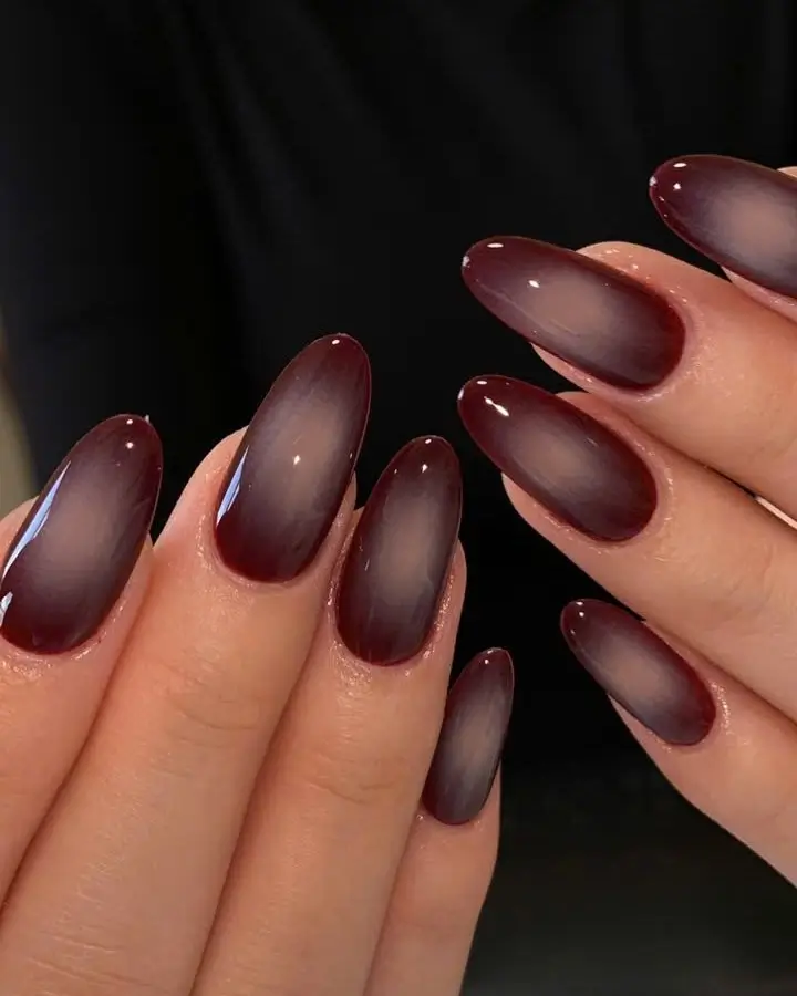 fall burgundy nails with design Smoky burgundy almond nails with a soft gradient