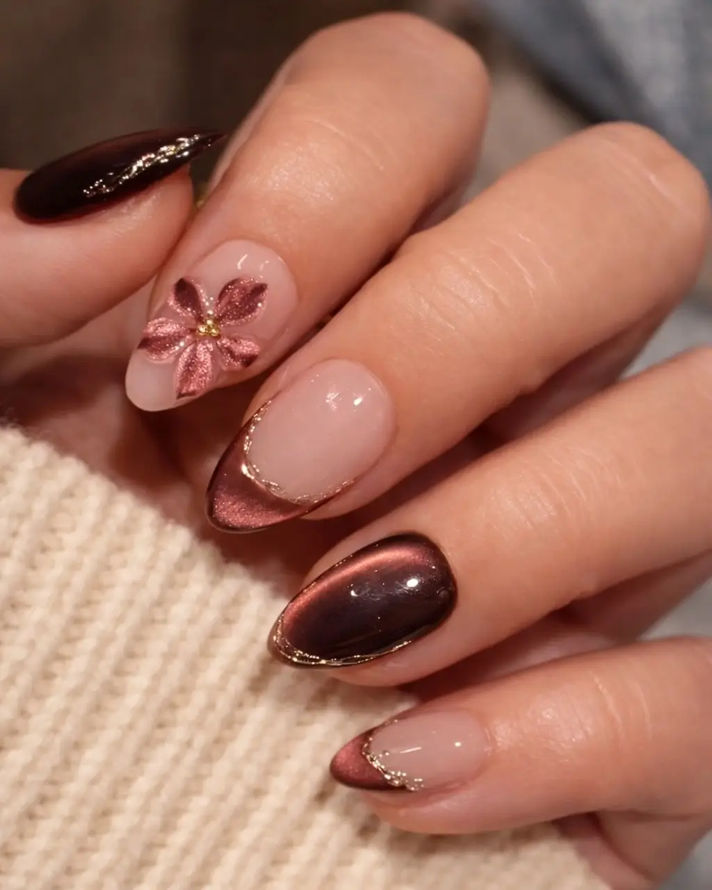fall burgundy nails with design Chocolate burgundy French with rose gold floral art