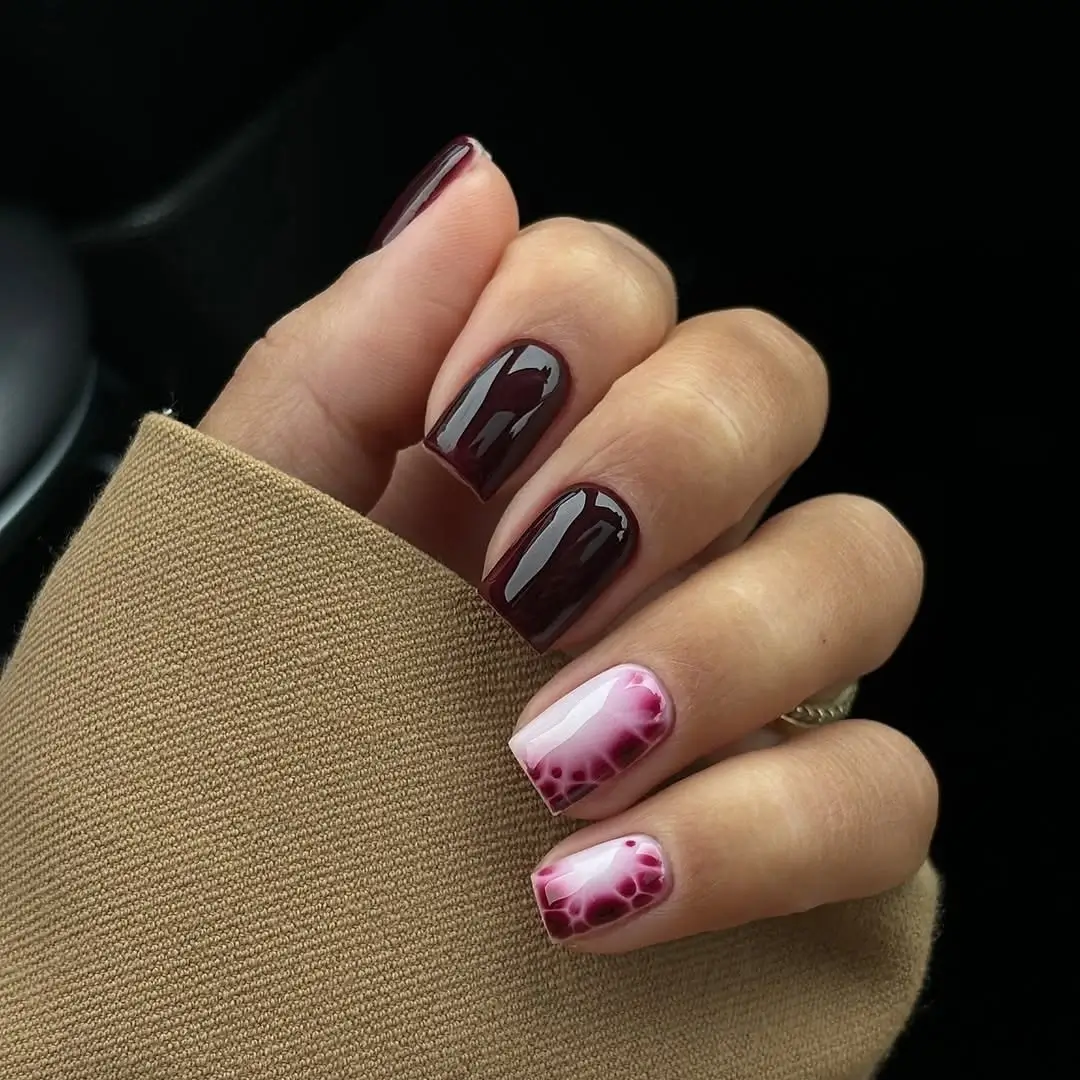 fall burgundy nails with design Short square burgundy nails with floral jelly accents