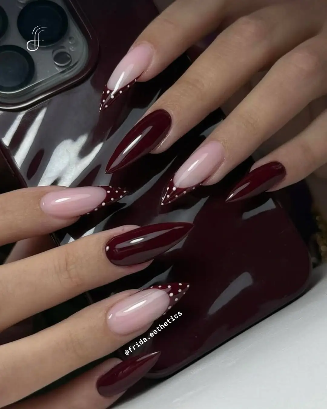 fall burgundy nails with design Burgundy almond nails with dotted French tips