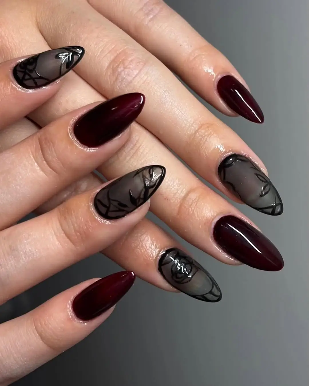 fall burgundy nails with design Dark burgundy almond nails with smoky black art