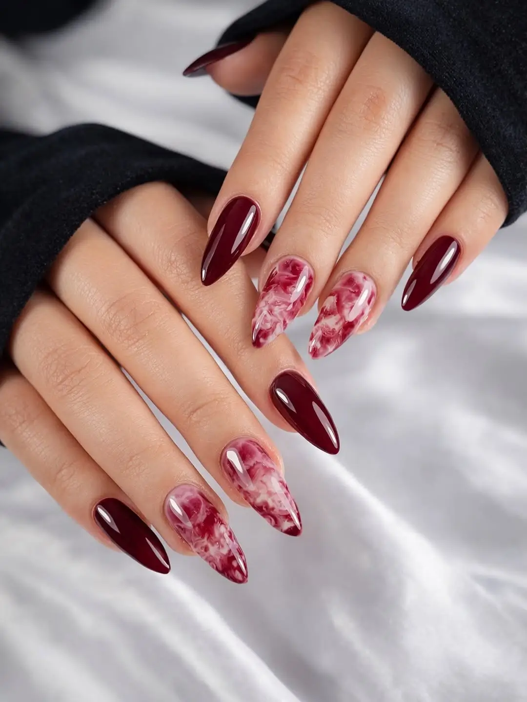 fall burgundy nails with design Burgundy marble nails with sheer pink accents