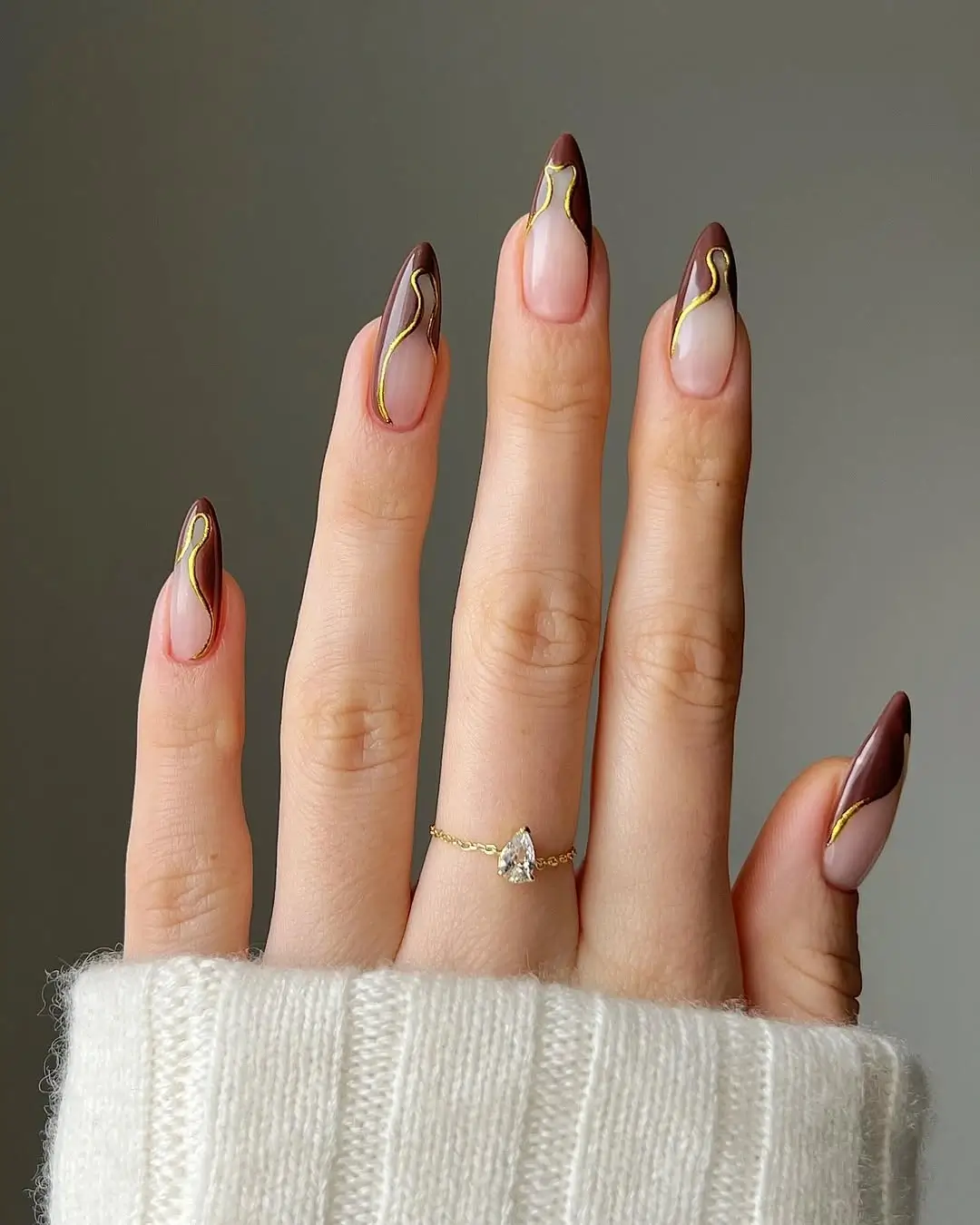 Fall French Nails 2026 Minimal Chocolate French Tips with Elegant Gold Waves