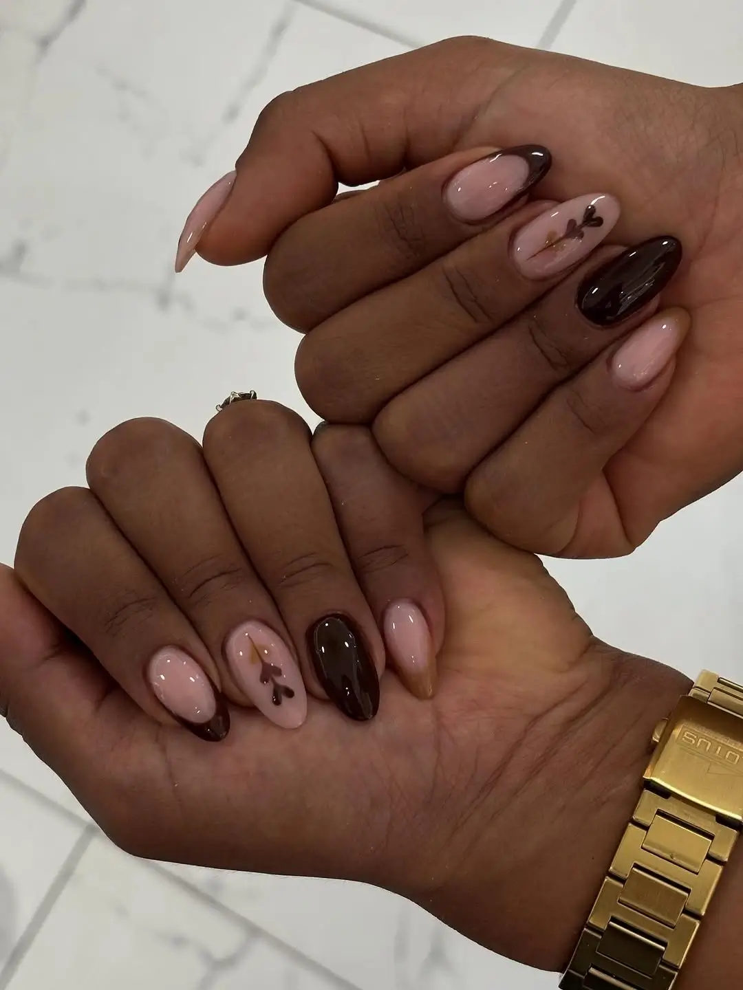 Fall French Nails 2026 Soft Espresso French Nails with Delicate Botanical Art