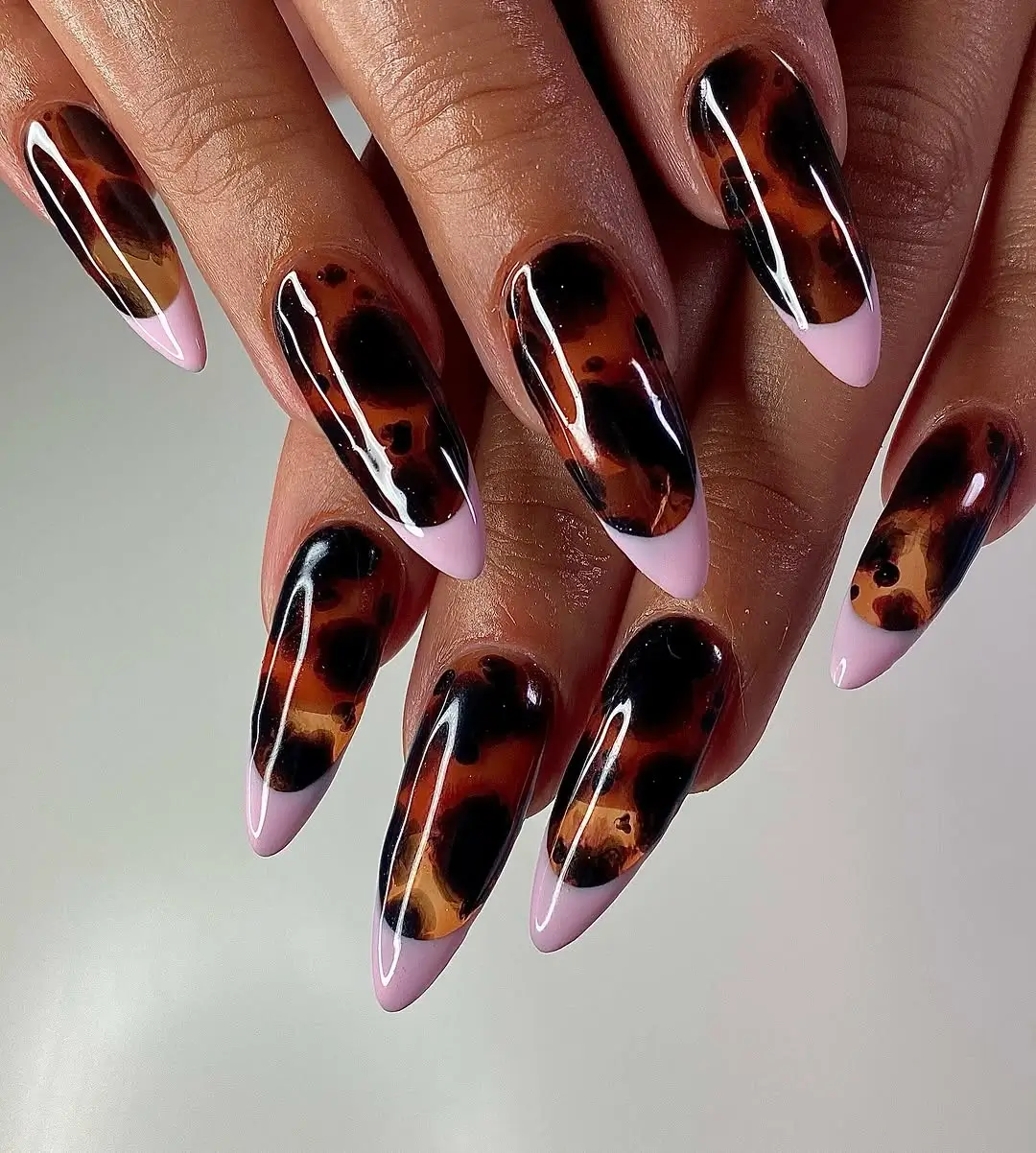 Fall French Nails 2026 Tortoiseshell French Nails with Soft Pink Tips