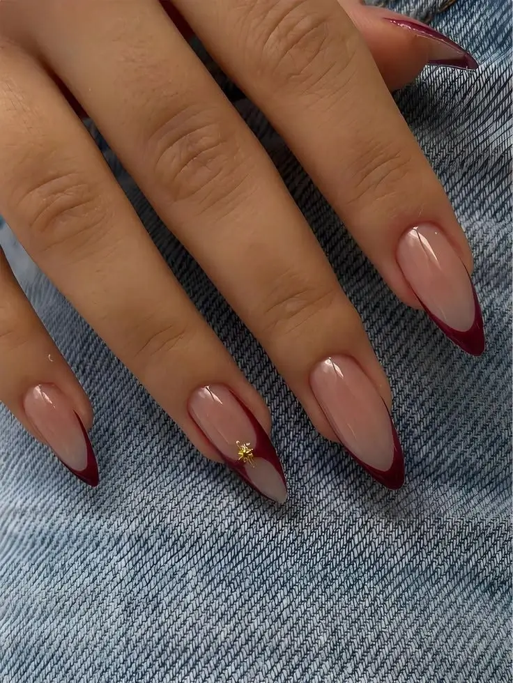 Fall French Nails 2026 Elegant Burgundy French Tips with a Tiny Gold Accent