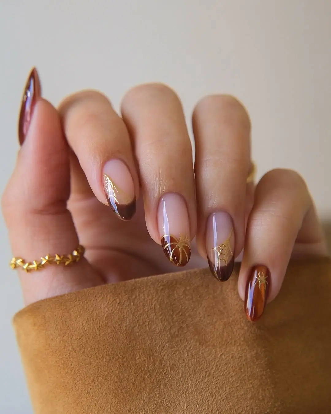 Fall French Nails 2026 Chocolate French Tips with Delicate Golden Spiderweb Details
