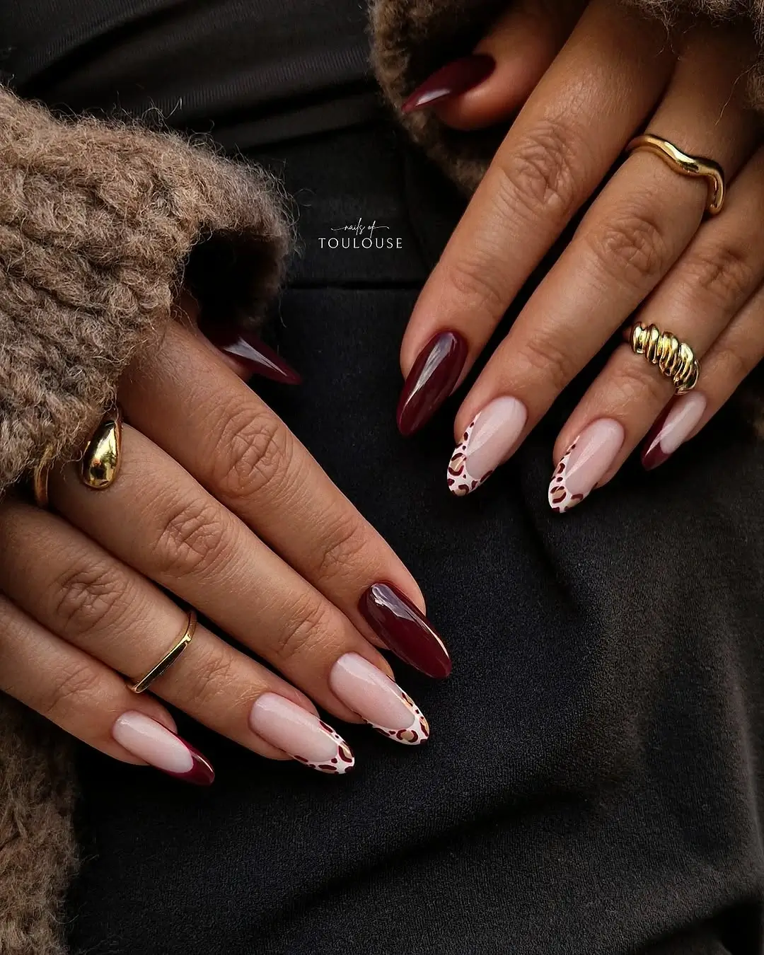 Fall French Nails 2026 Deep Burgundy French Tips with Modern Leopard Accents
