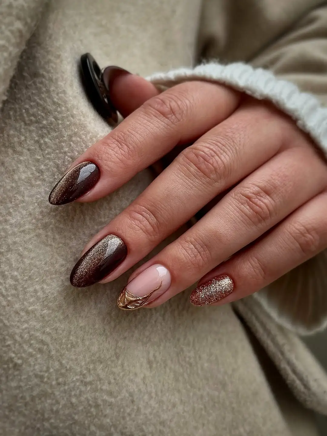 Fall French Nails 2026 Chocolate Shimmer French Nails with Sculpted Gold Accents