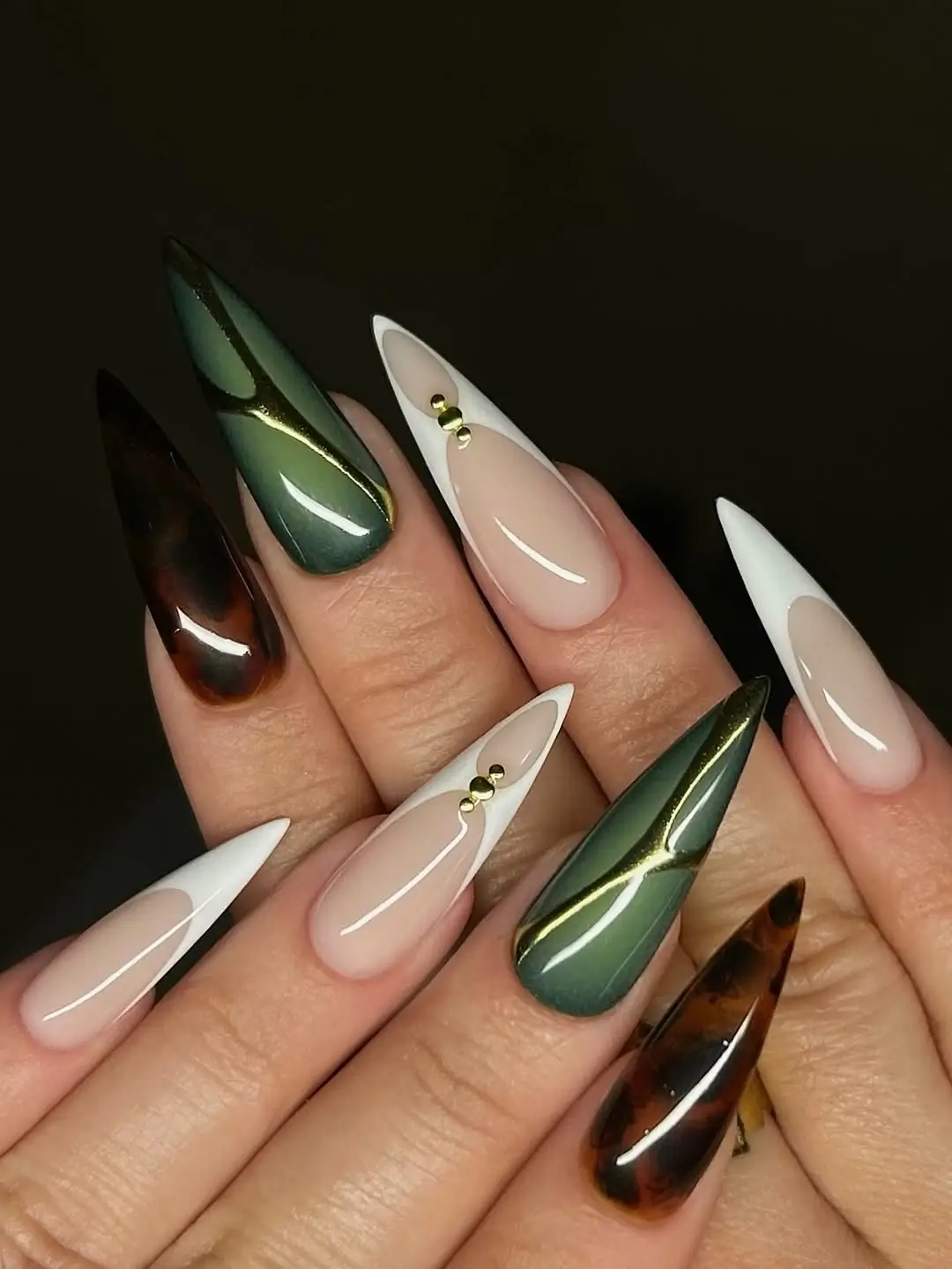 Fall French Nails 2026 Statement French Nails with Olive Green and White Accents