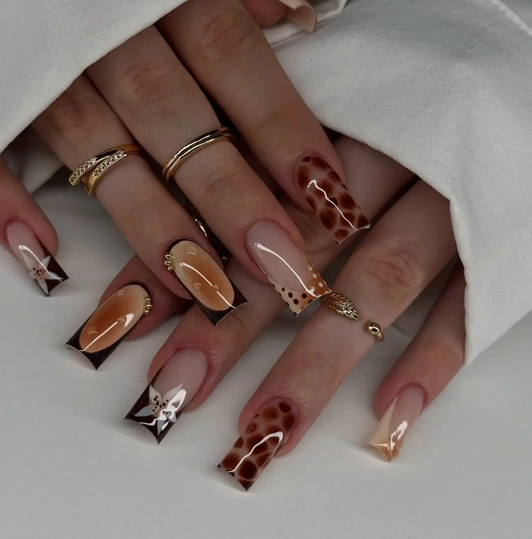 Fall French Nails 2026 Statement Square French Nails with Tortoiseshell Accents
