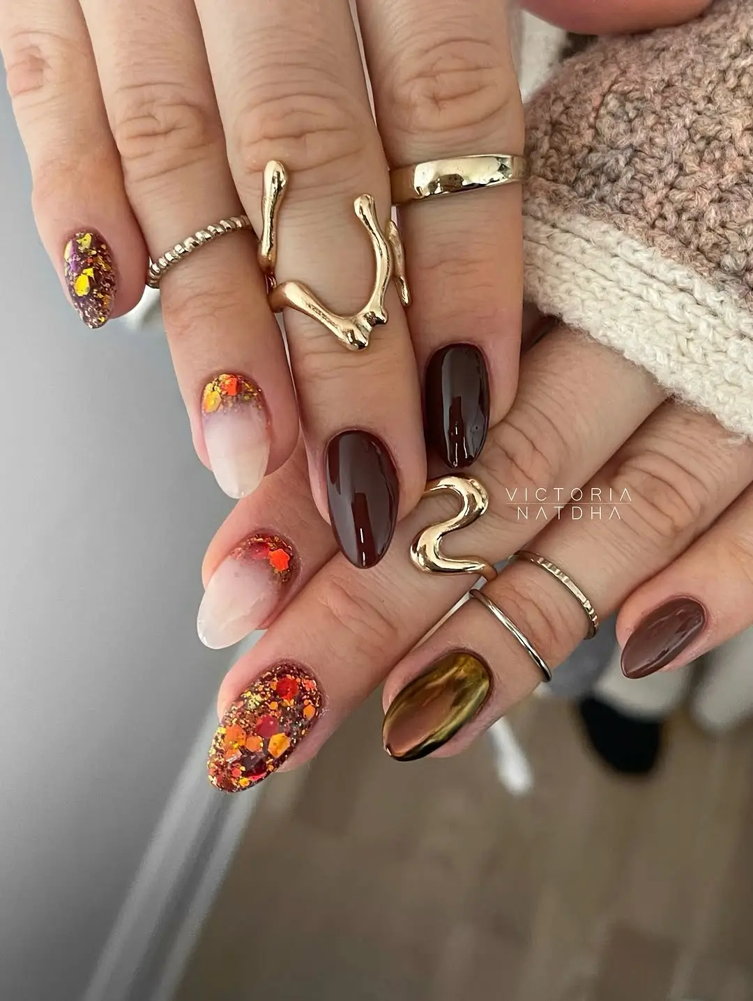 Fall gel nails ideas 2026 Chocolate Chrome and Autumn Glitter Combination