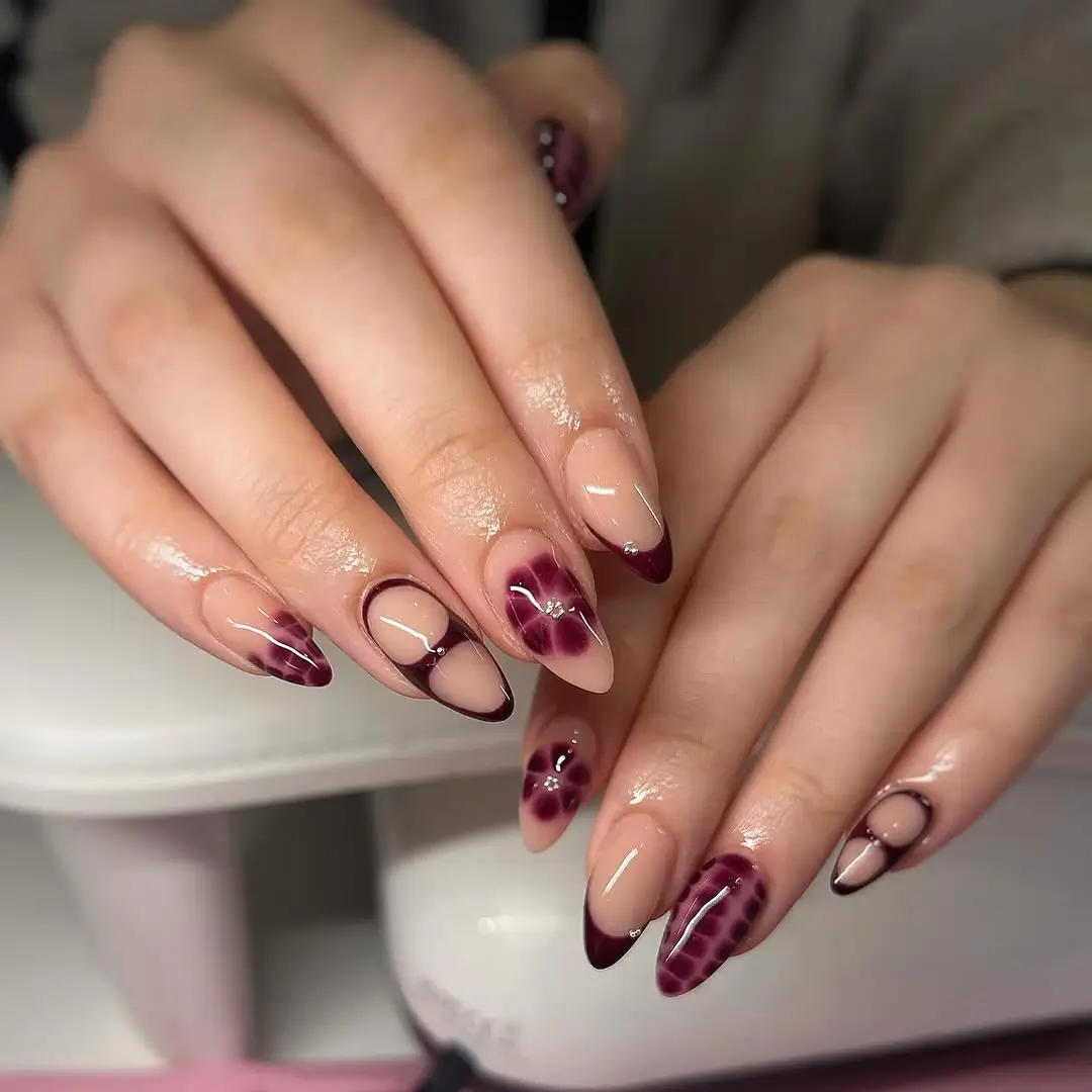 Fall gel nails ideas 2026 Burgundy Floral French Tips With Artistic Details