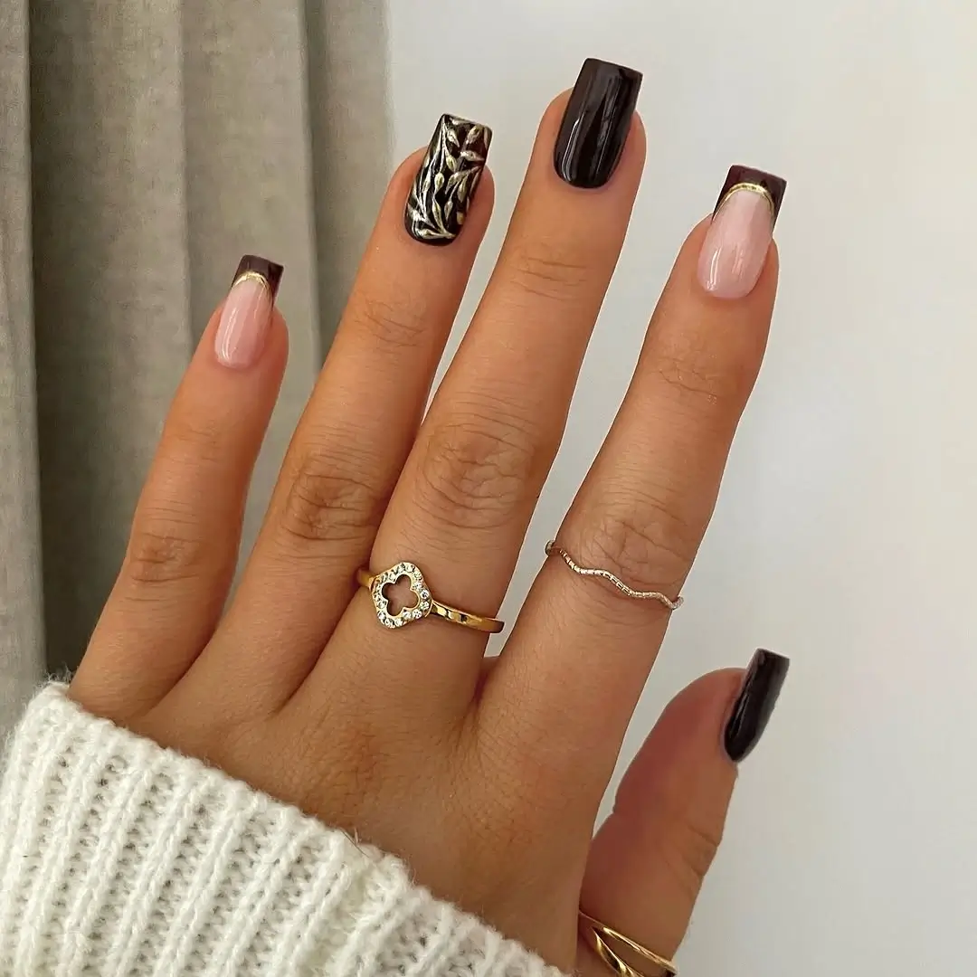 Fall gel nails ideas 2026 Elegant Burgundy French Tips With Gold Leaf Accents