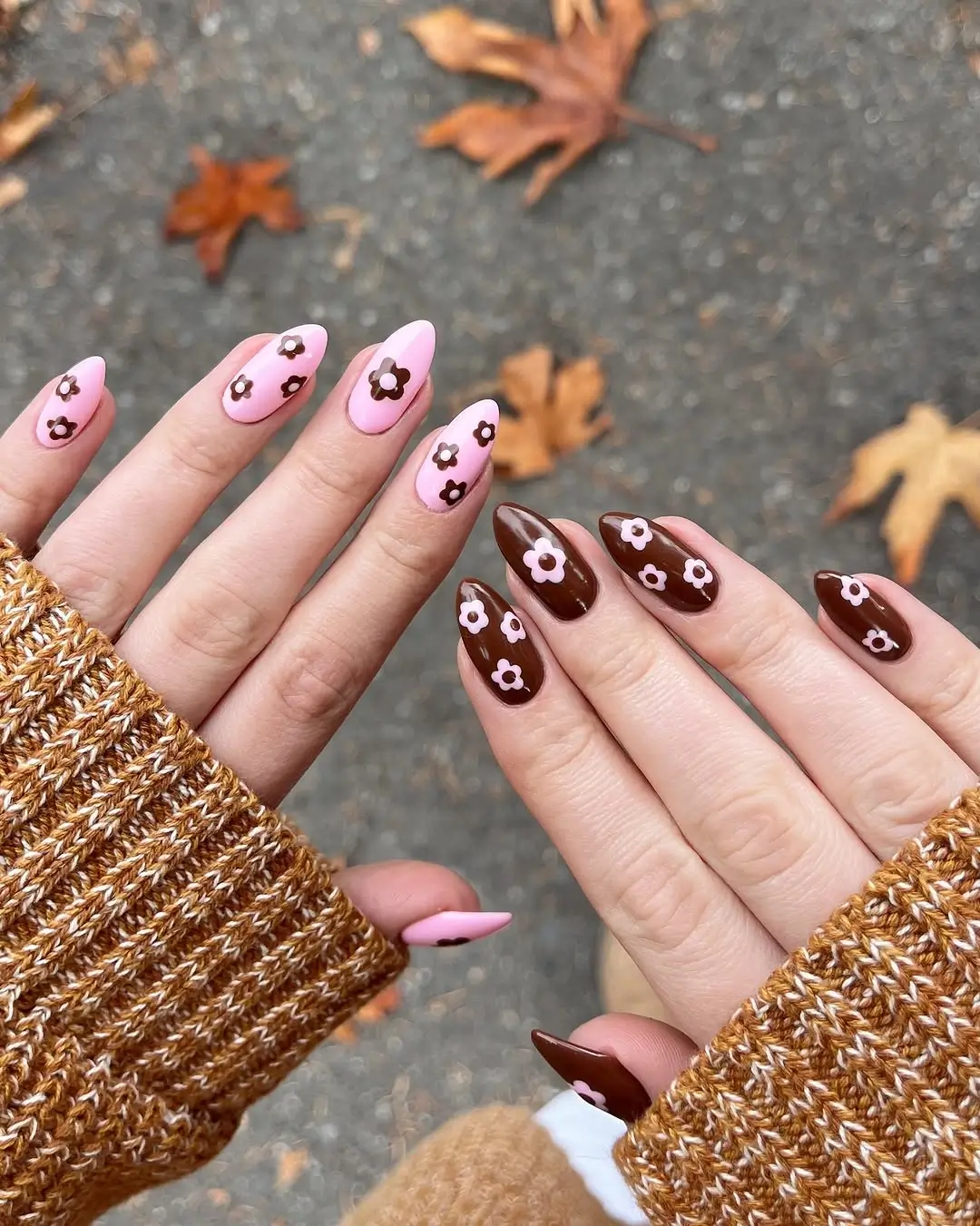Fall gel nails ideas 2026 Chocolate and Blush Florals for a Sweet Autumn Twist